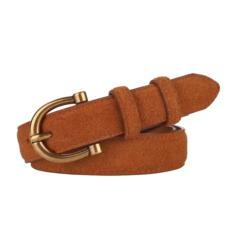 Ceinture en cuir véritable suédé pour femmes, marron, slim, avec boucle dorée, pour jeans et pantalo