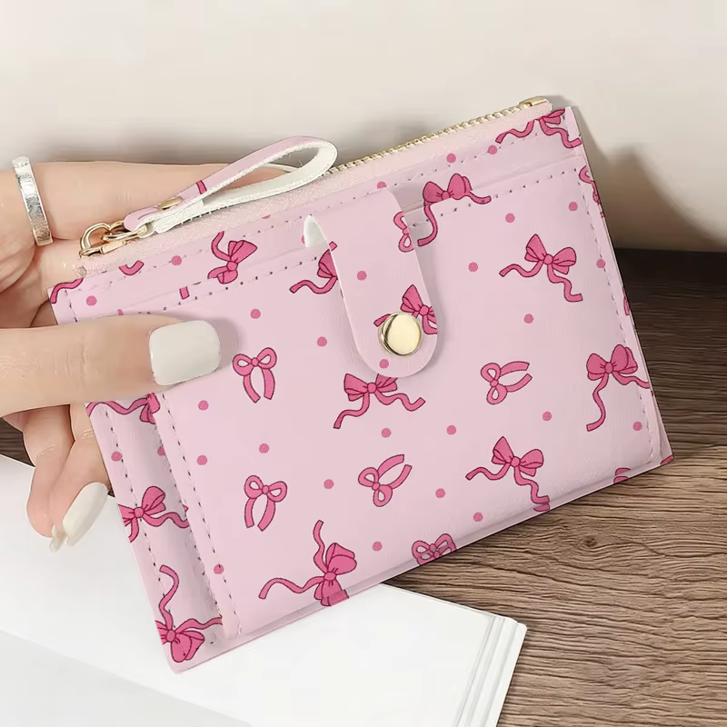 Portefeuille rose à nœud pour femmes, sac à cartes simple en PU, porte-monnaie ultra-fin à fermeture