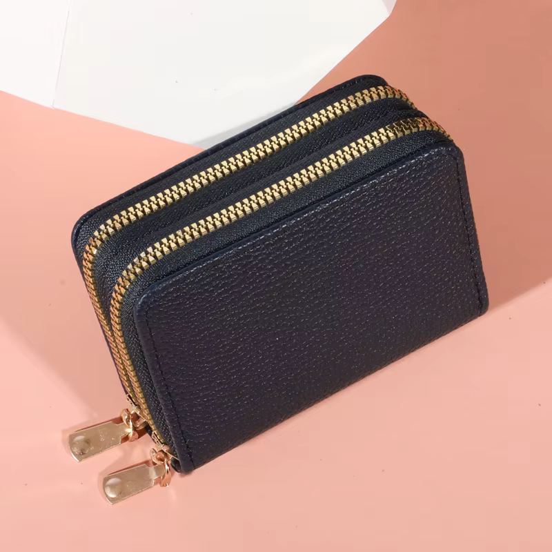 Porte-monnaie court zippé pour femme, motif litchi, grande capacité, multi-compartiments, avec ferme