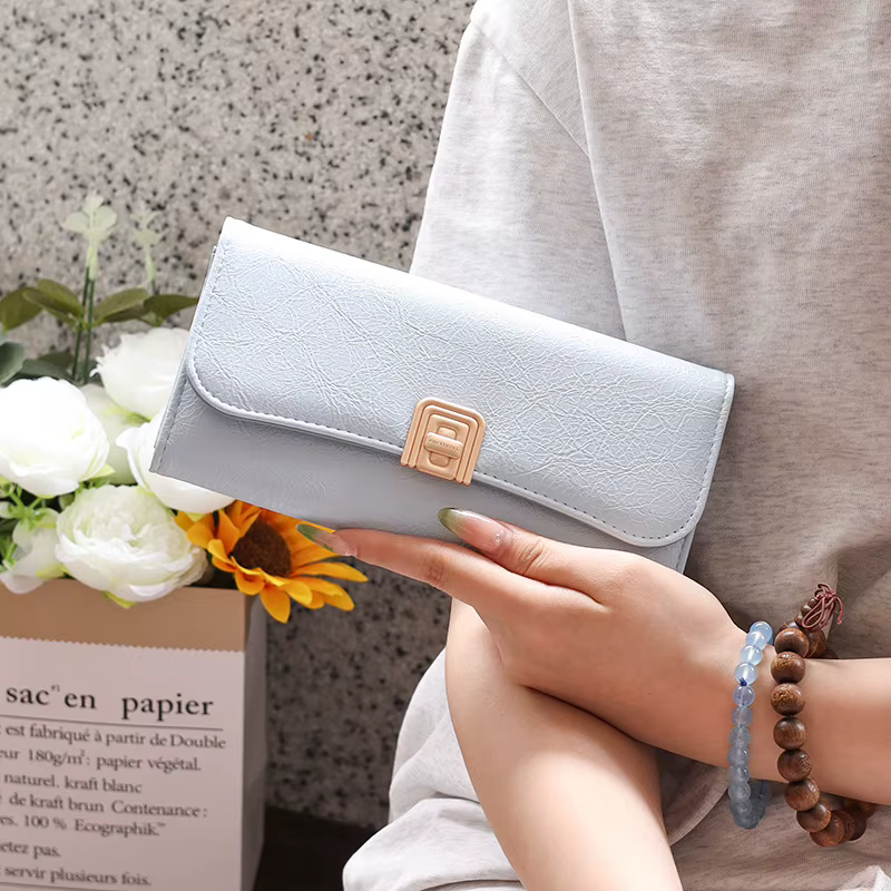 Nouveau Portefeuille Long Femme 2026 en Cuir PU de Haute Qualité, Couleur Unie, avec Boucle, Pliable