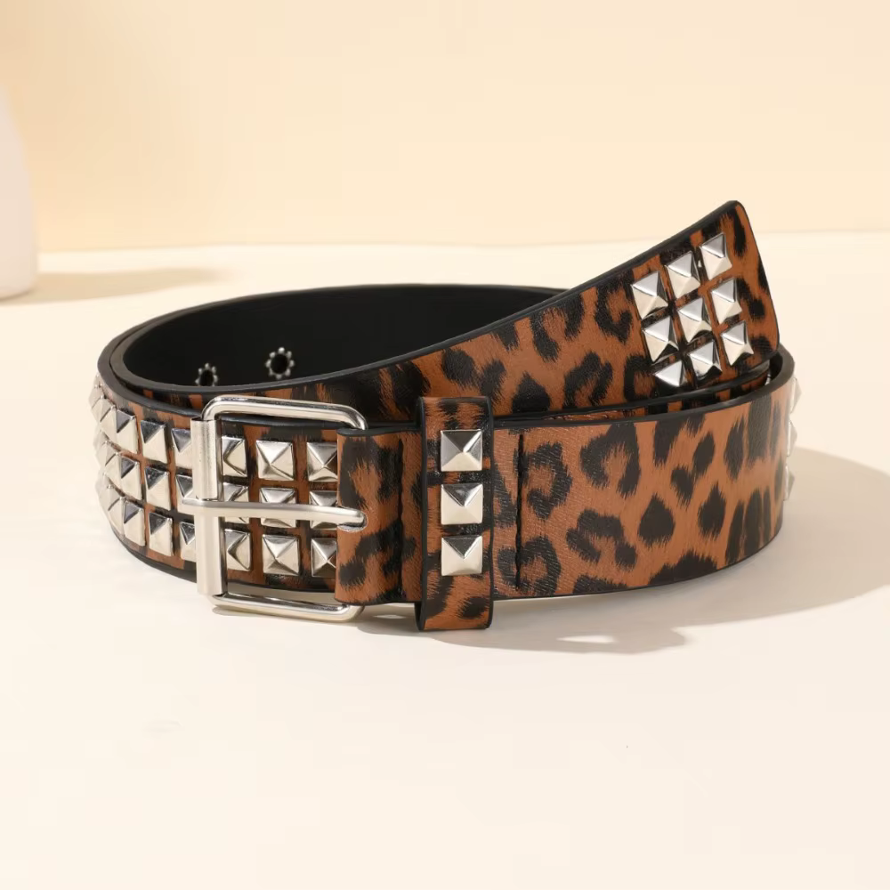 Ceinture tendance à imprimé léopard avec rivets, style punk rétro, ceinture heavy metal, ceinture Y2