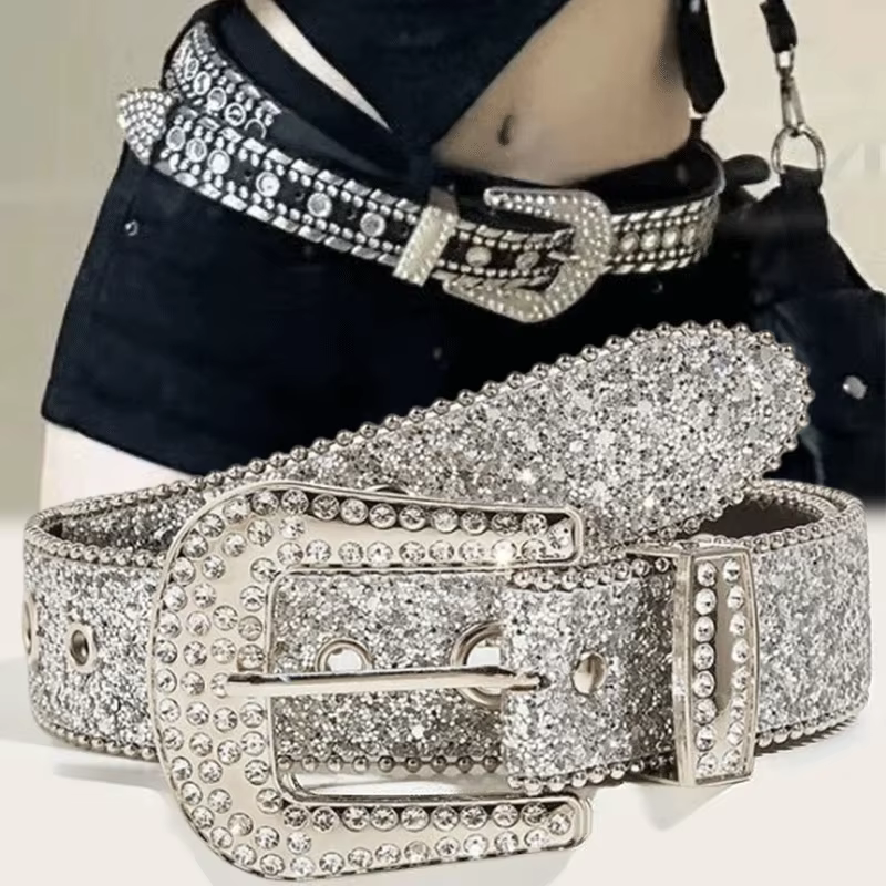 Y2K – ceinture en cuir PU pour femmes, imprimé solide, clouté, strass complets, cristal scintillant,