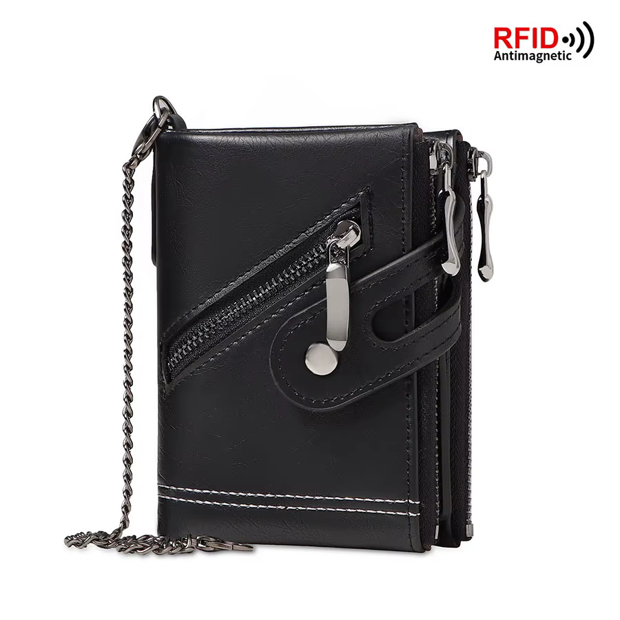 Portefeuille à chaîne pour hommes RFID antivol portefeuille en cuir rétro pour hommes porte-monnaie 