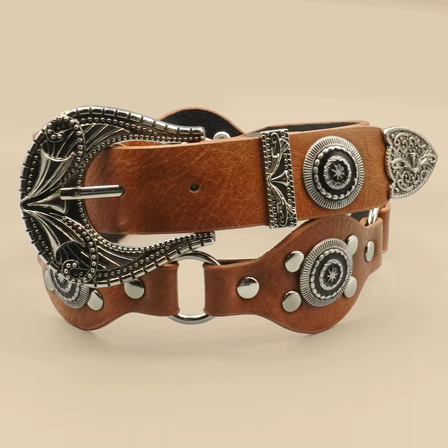 Ceinture femme vintage bohème marron – Design rivets sculptés, polyvalente pour le quotidien, la dat
