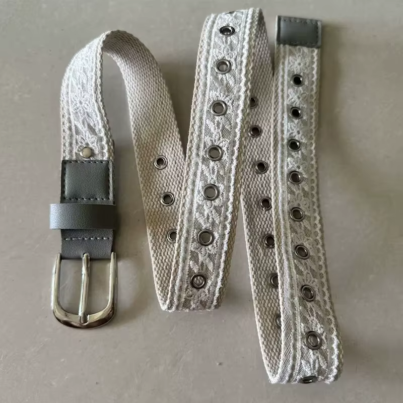 Ceinture en toile vintage avec dentelle pour femme, boucle métallique tendance, ceinture décorative,