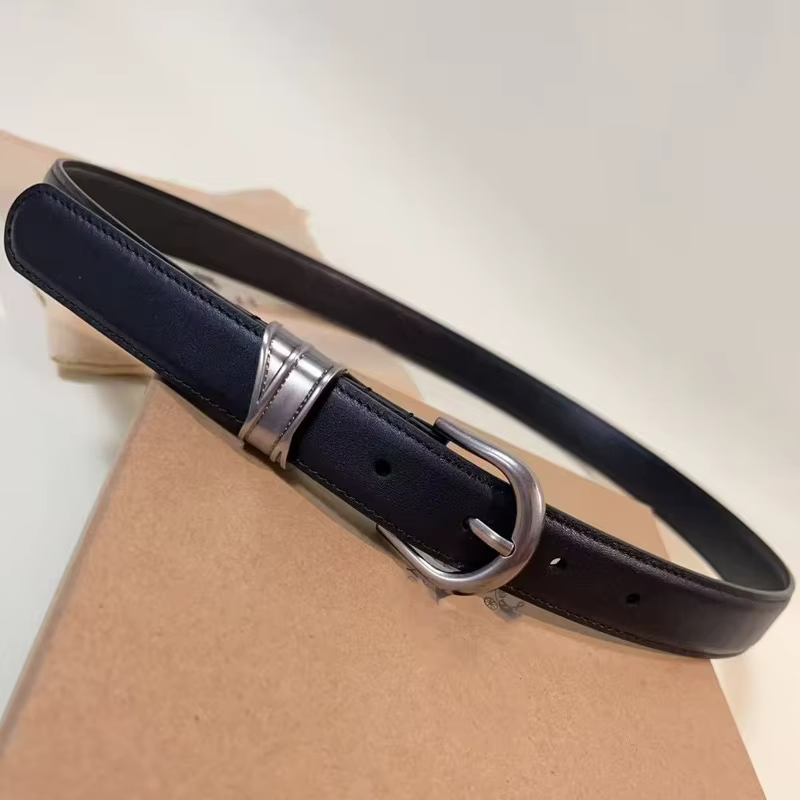 Ancient silver buckle calf leather belt, leather casual fine belt, women's deep brown texture plain 