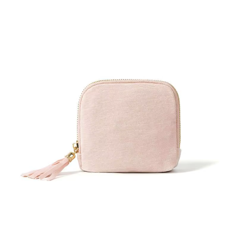 Mini porte-monnaie en velours avec fermeture éclair dorée et pompon, compact et portable, petit port