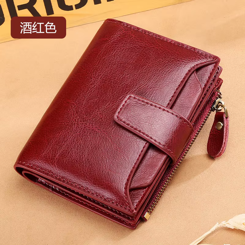 Portefeuille multifonctionnel en cuir véritable pour femme, fermeture éclair courte, cuir de vachett