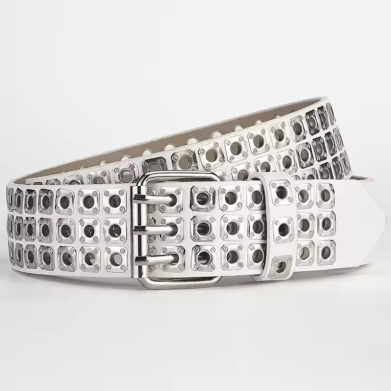 Ceinture pour femmes, perles carrées tendance, clous en forme de saule, trois œillets, style punk ur