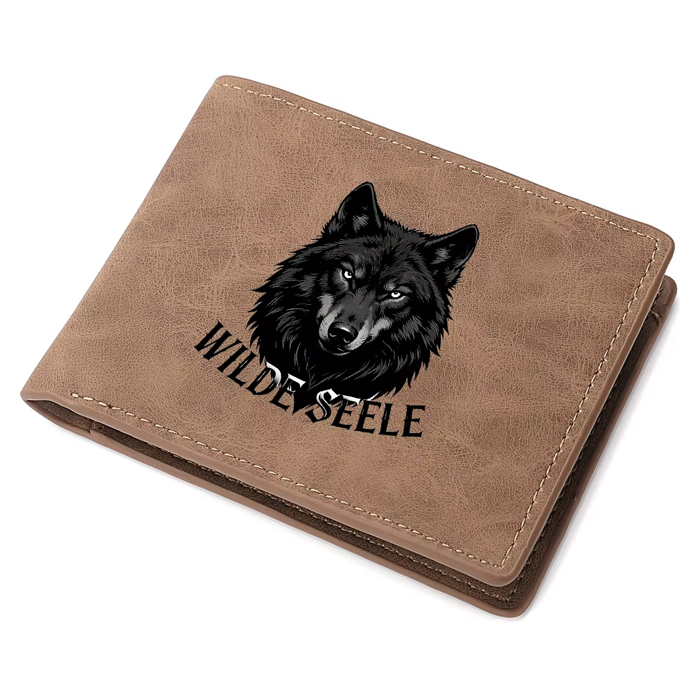 Portefeuille homme mini slim imprimé tête de loup, en cuir PU suédé vintage, porte-cartes pliable, p