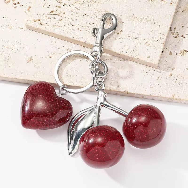 Porte-clés Breloque Cœur Cerise Exquis, Pendentif Sac à Main Femme, Accessoire Cadeau