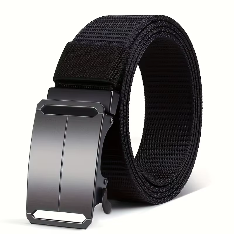 Ceinture à boucle automatique pour hommes, 1 pièce, ceinture sportive en toile noire avec gaufrage,