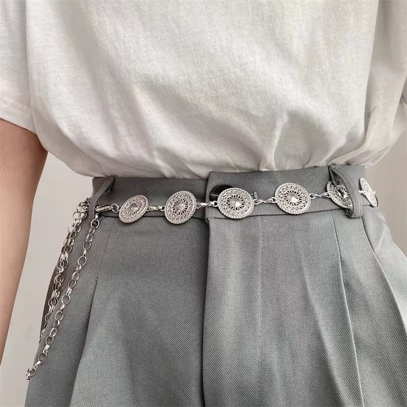 Ceinture Rétro Argentée en Cuir Fin pour Femme, Accessoire en Métal, Nouvelle Collection d'Été, pour