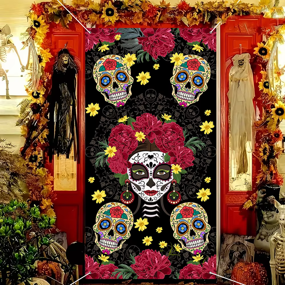 Housse de porte et toile de fond suspendue pour le Jour des Morts, motif floral tête de mort mexicai
