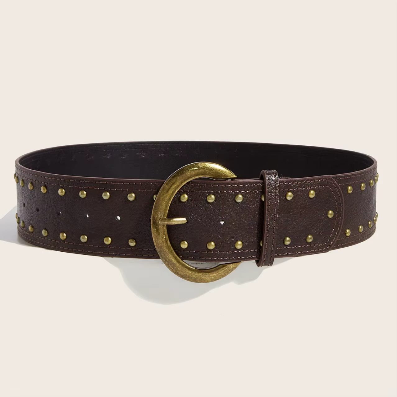 Ceinture large en rivets de style streetwear américain pour femmes, boucle en métal vintage, noir/br
