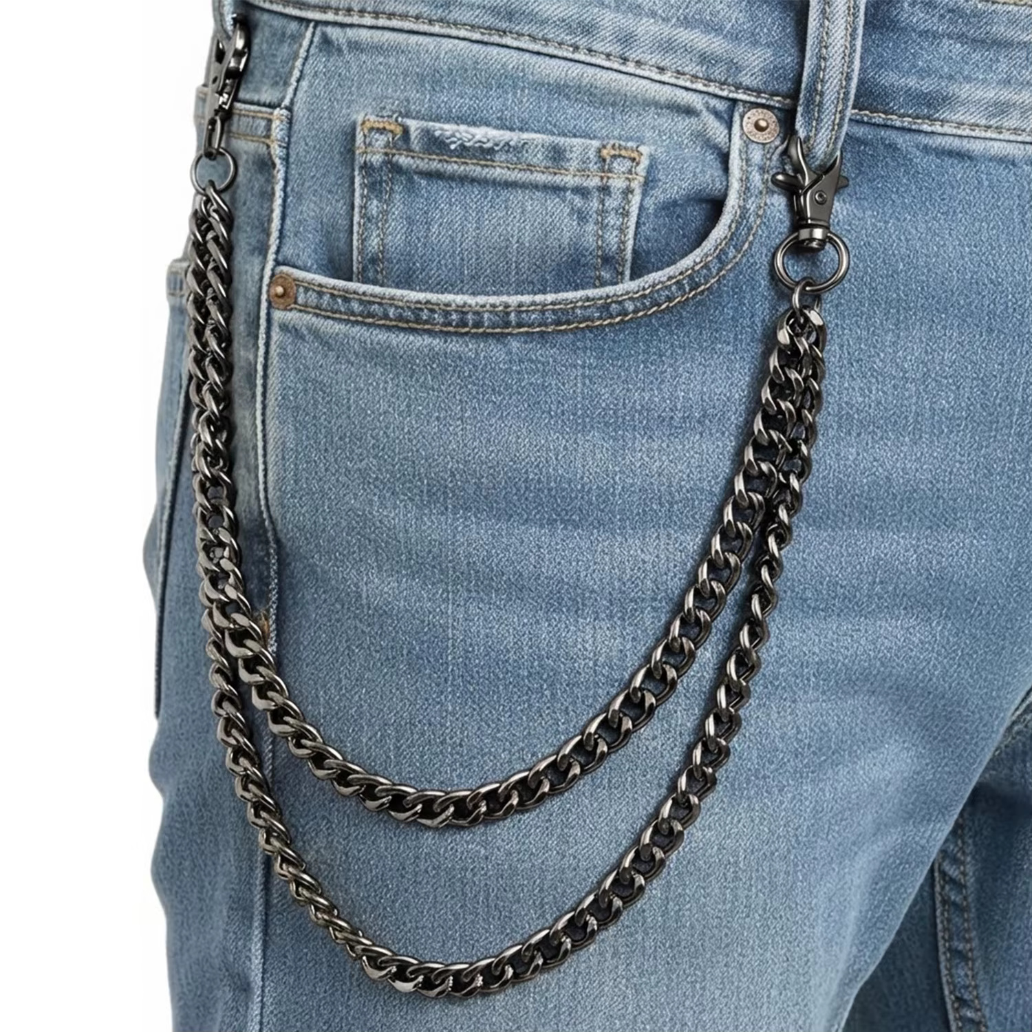 Portefeuille double couche pour hommes et femmes, chaîne de jean Hip Hop Punk, porte-clés de motard
