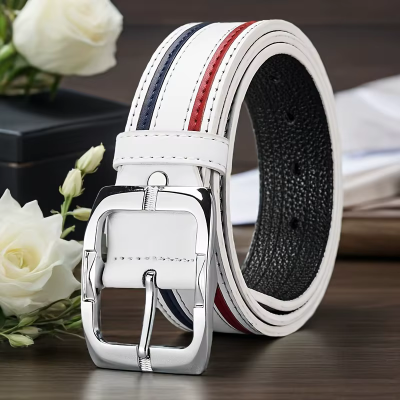 Ceinture pour homme en PU blanc avec design rayé rouge et bleu, boucle coulissante argentée réglable