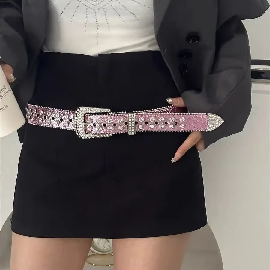 Y2K – ceinture en cuir PU pour femmes, imprimé solide, clouté, strass complets, cristal scintillant,