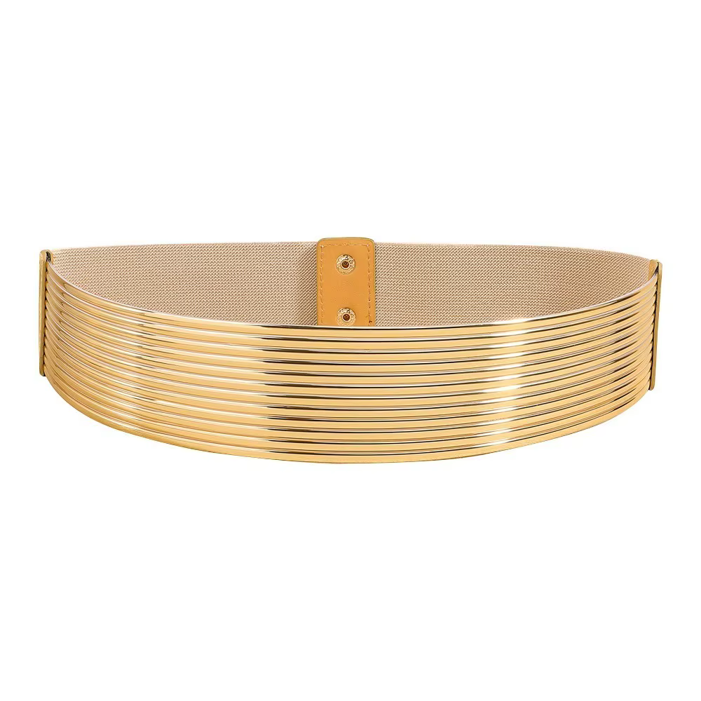 Ceinture de taille dorée à la mode, ceinture élastique large à boutons, ceinture brillante pour robe