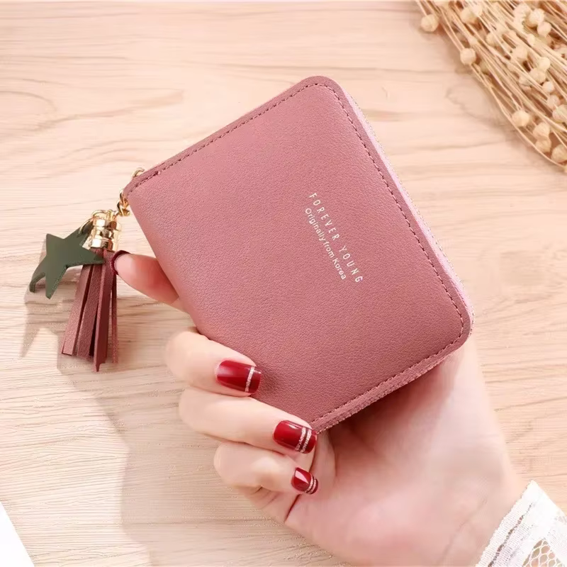 Femmes coréennes petit portefeuille en cuir Pu dames Mini gland portefeuille mignon fille courte fer