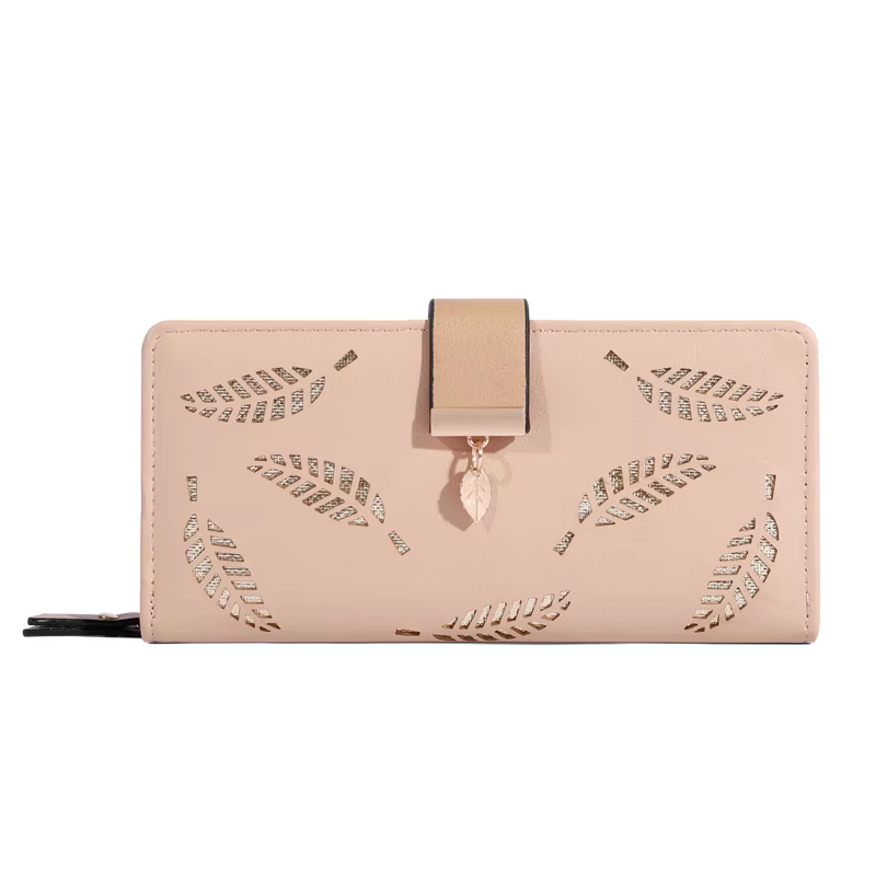 Portefeuille long en cuir PU pour femme, motif feuilles dorées ajourées, pochette, sac à main, porte