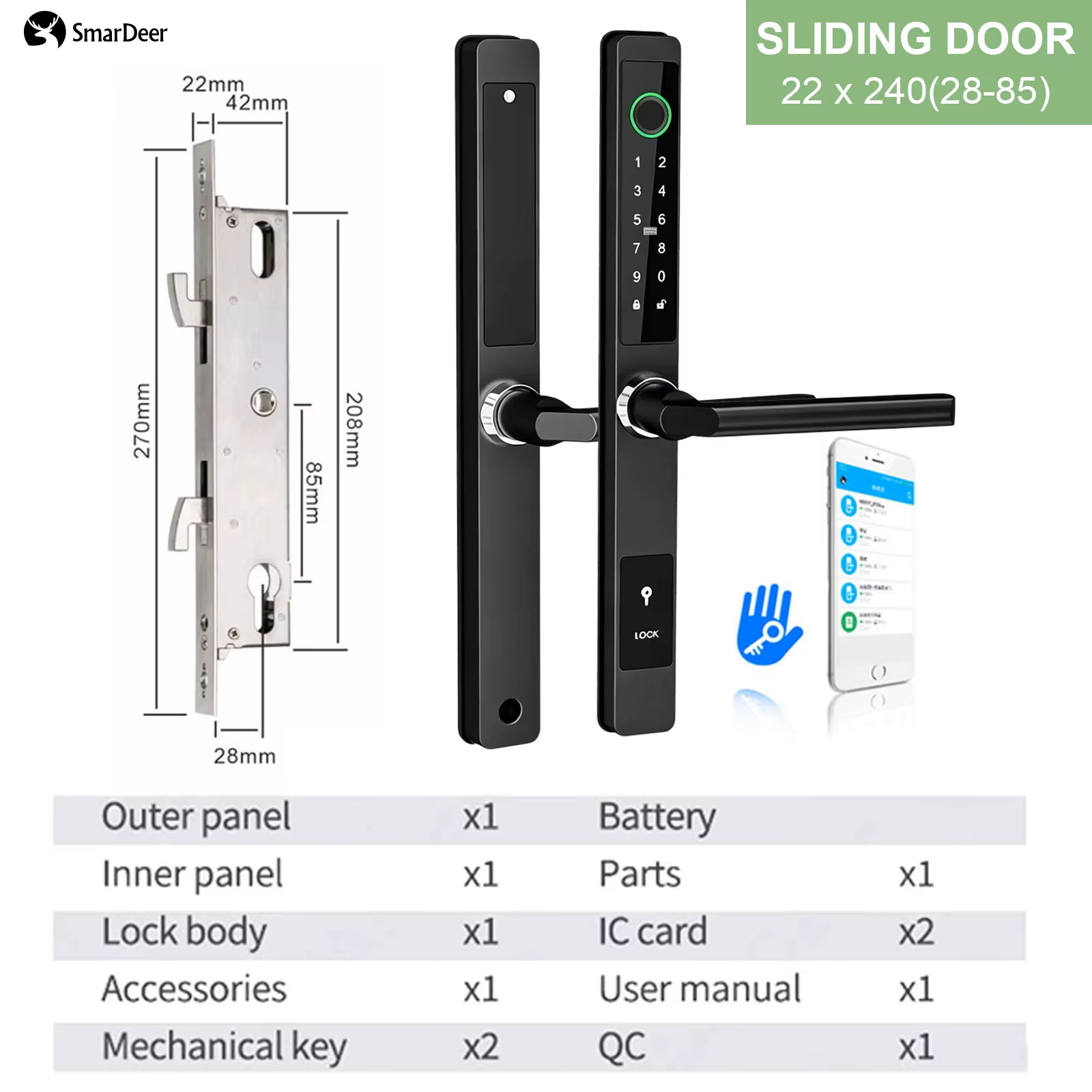 Serrure intelligente pour porte coulissante étanche IP65 SmarDeer, serrure à empreinte digitale pour