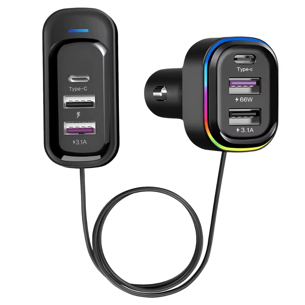 Chargeur rapide de voiture à 6 ports avec 3 Ports d'extension de siège arrière, adaptateur USB multi