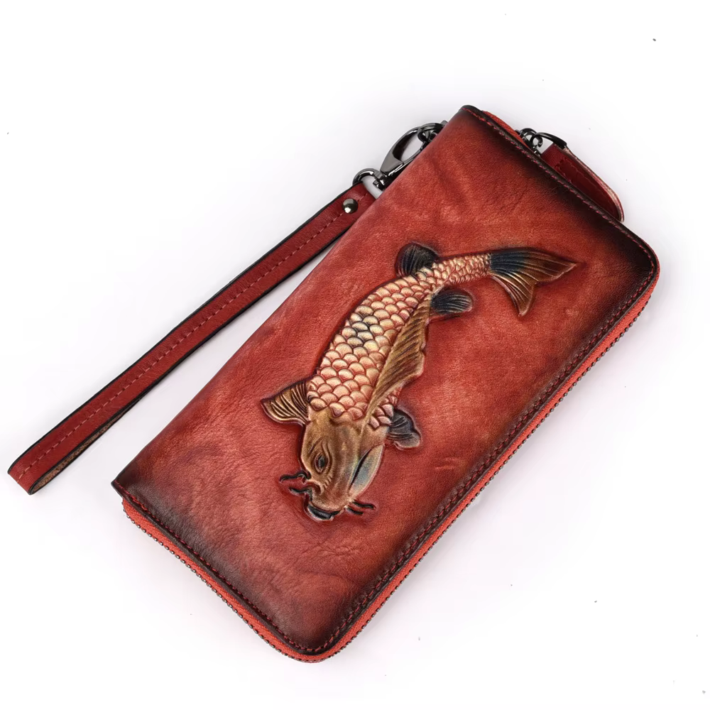 Portefeuille RFID unisexe en cuir de vache véritable, motif de poisson, sac à main long, sac d'argen