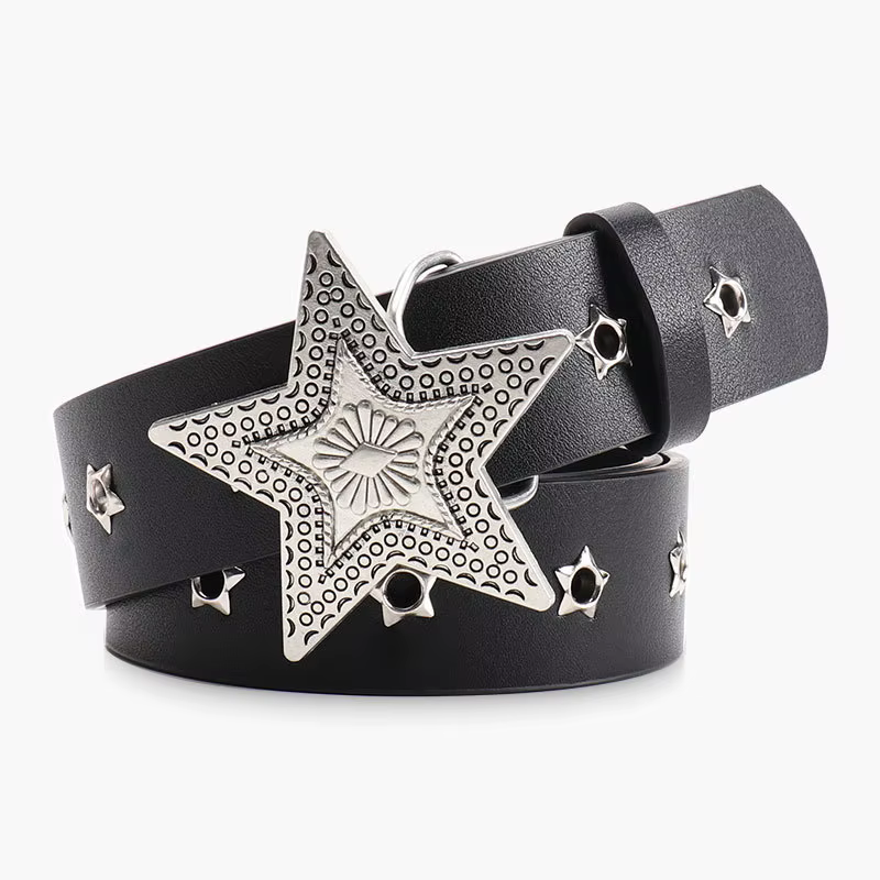 Ceinture à boucle étoile à cinq branches de style occidental tendance, ceinture en jean rétro polyva