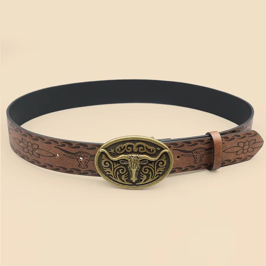 Ceinture décontractée vintage de style cowboy occidental – Boucle sculptée en tête de bœuf et imprim