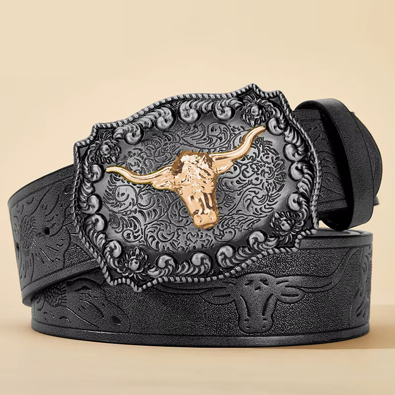 Ceinture de Cowboy occidentale pour hommes, Cool et beau matériau de ceinture en PU noir, Design en 