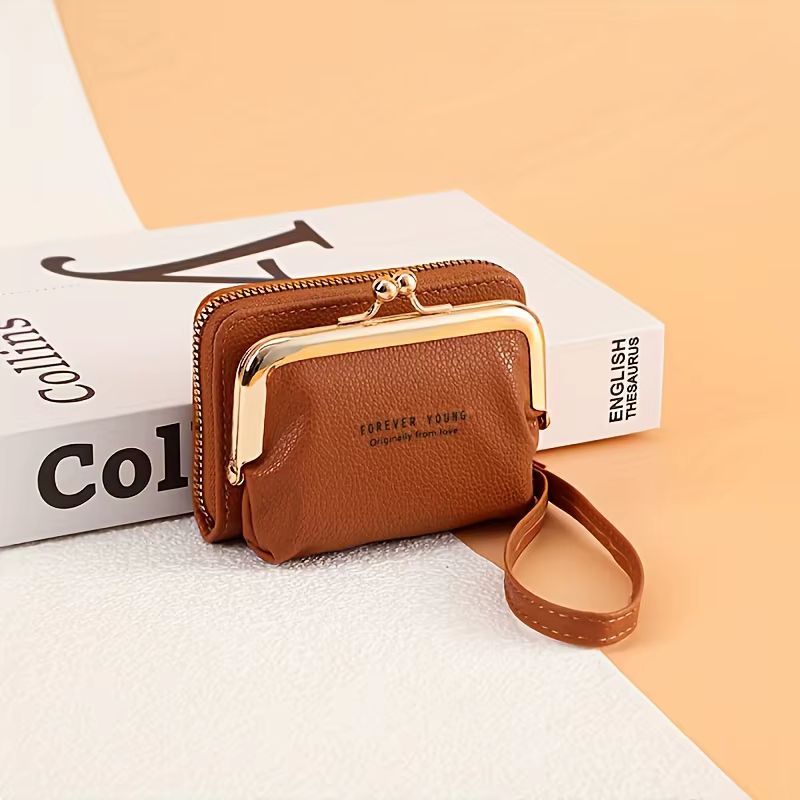 Portefeuille élégant pour femmes avec dragonne et fermeture à bouton baiser-matériel doré, poche zip