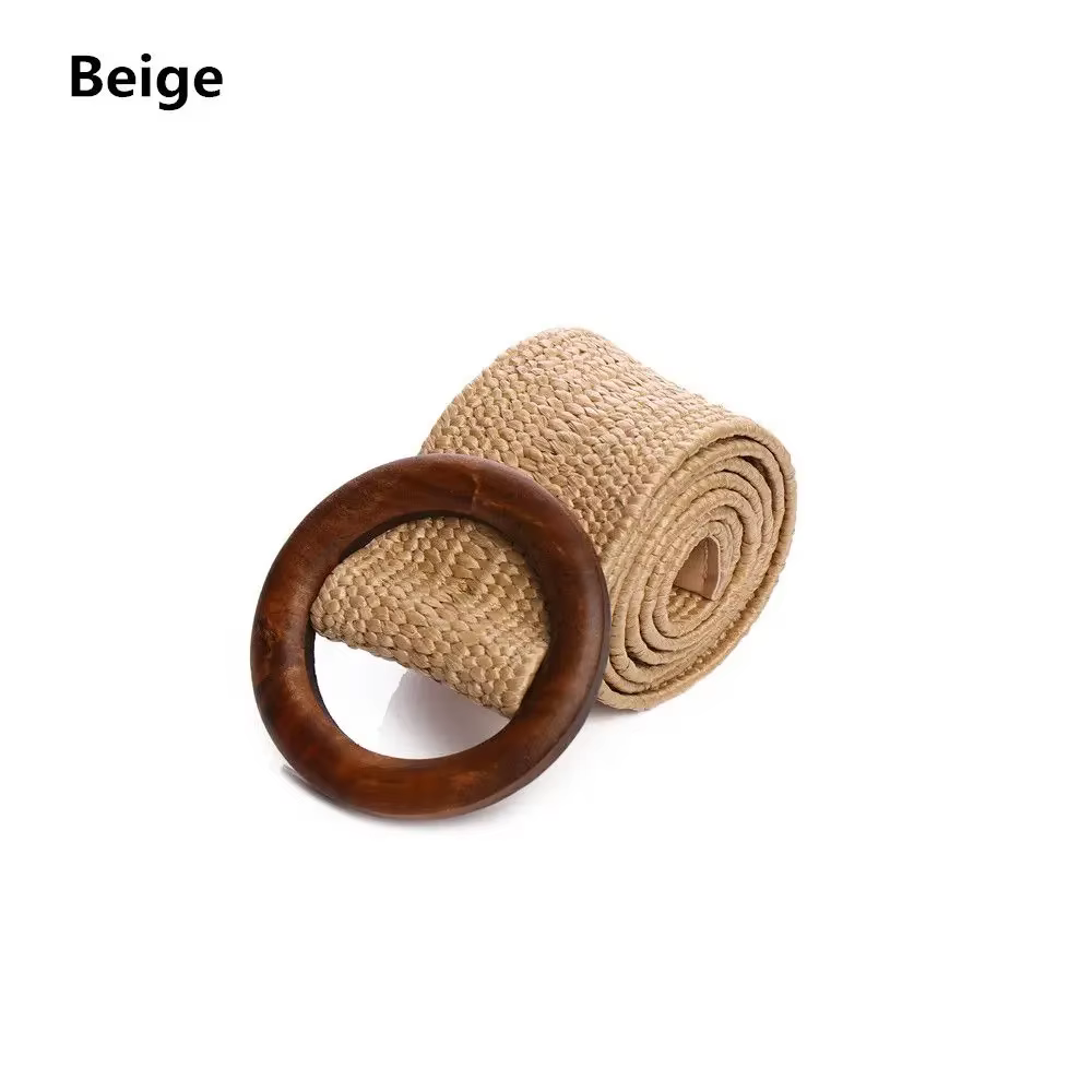 Ceinture ronde en bois pour femmes, ceinture en paille élastique, large sangle tressée décontractée,