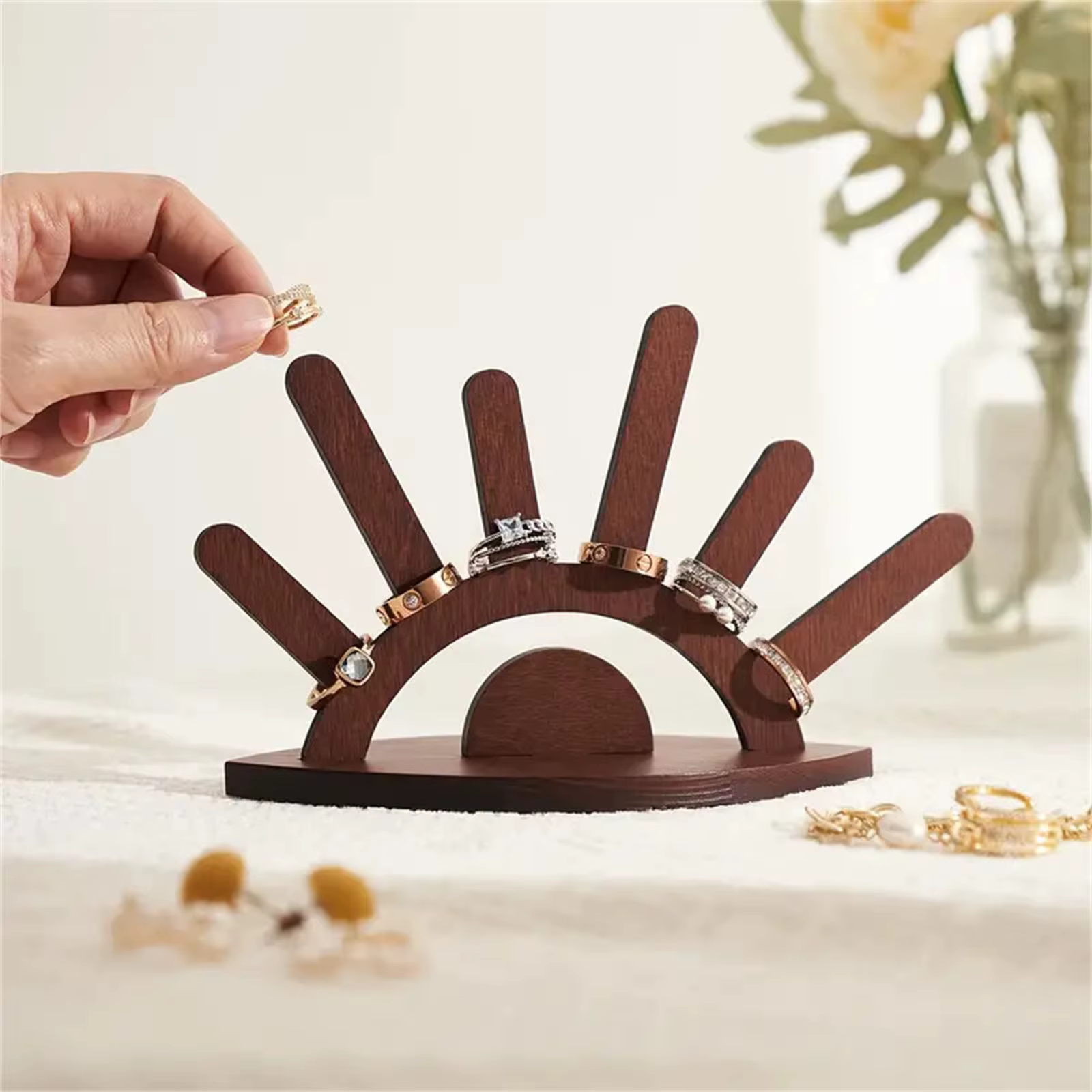Présentoir de bijoux en bois créatif, porte-anneaux, organisateur artisanal pour colliers, boucles d