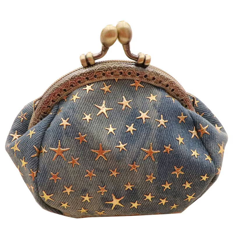 Porte-monnaie rétro en jean fait main avec étoile à cinq branches, mini portefeuille créatif, porte-