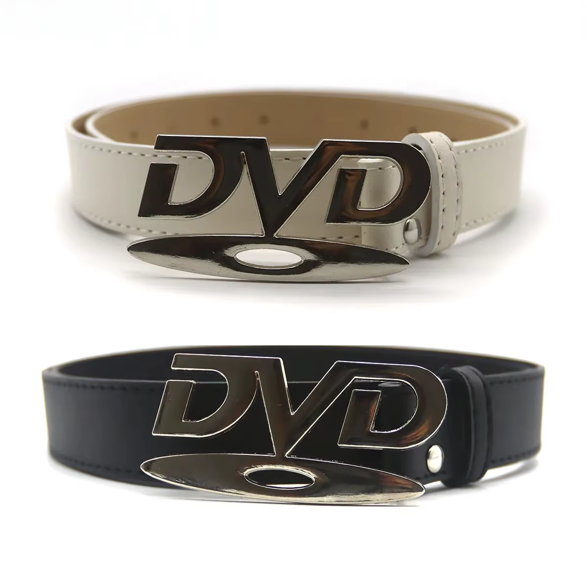 Ceinture unisexe à boucle DVD nostalgique, polyvalente, noire et blanche, décorative, pour hommes et