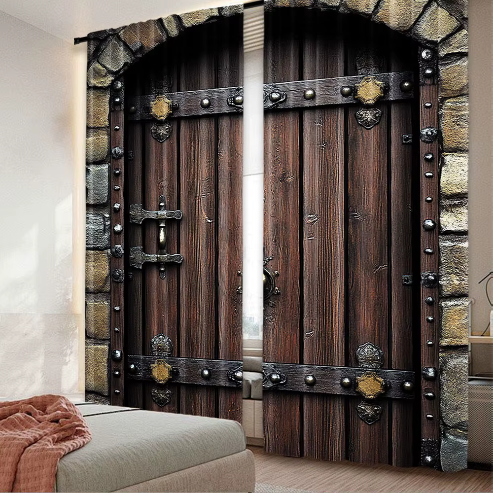 Rideaux Rustiques en Bois, 2 Pièces, Porte Historique, Vintage, Extérieur, Structure Médiévale, Conv