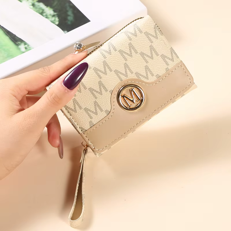 Porte-monnaie compact rétro à imprimé lettres, portefeuille bifold color block tendance avec plusieu