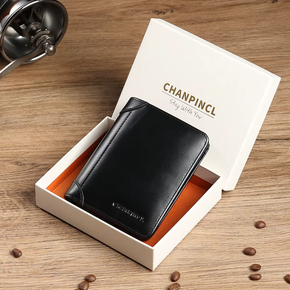 CHANPINCL - Portefeuille en cuir de vache véritable italien pour homme, court, à trois volets, en cu
