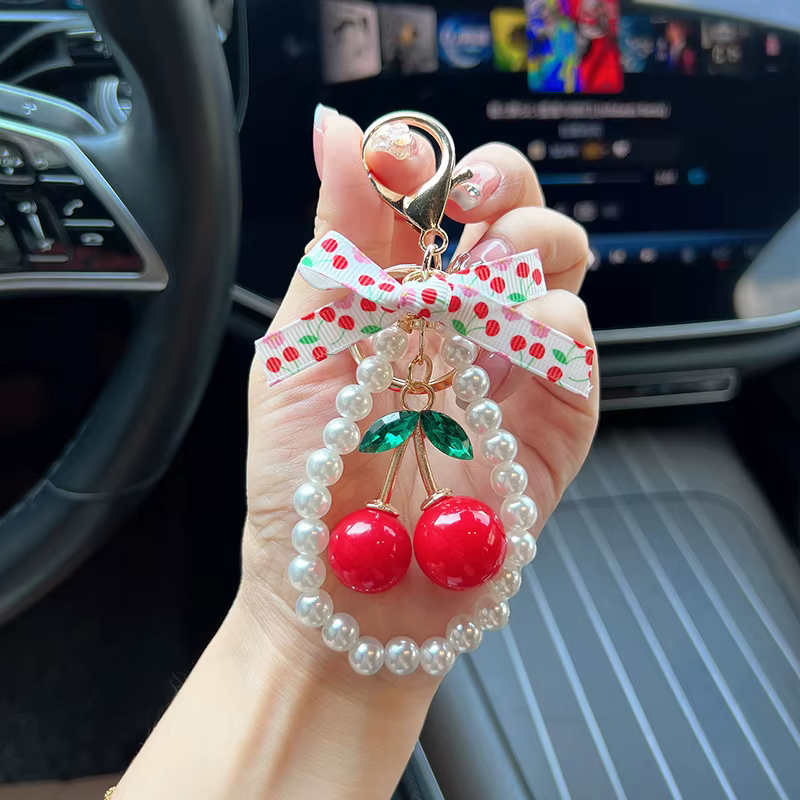 Porte-clés créatif cerise avec nœud et perles, accessoire de sac mignon en forme de cerise, cadeau t