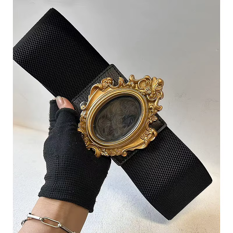 Ceinture en cuir style baroque rétro, avec cadre doré en résine, élastique, pour robe et manteau, po