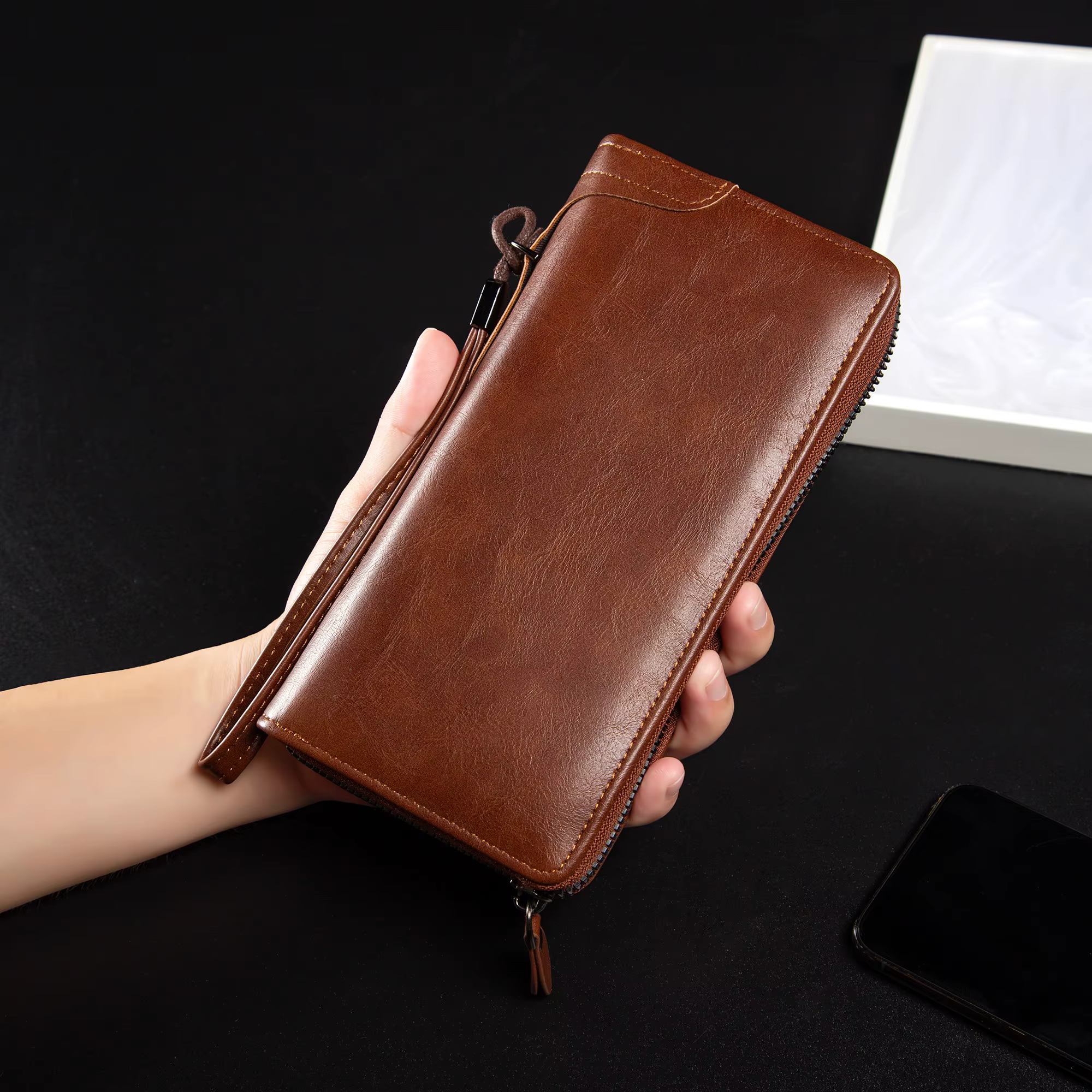 Portefeuille Long à fermeture éclair pour hommes, portefeuille en cuir Pu de haute qualité, blocage 