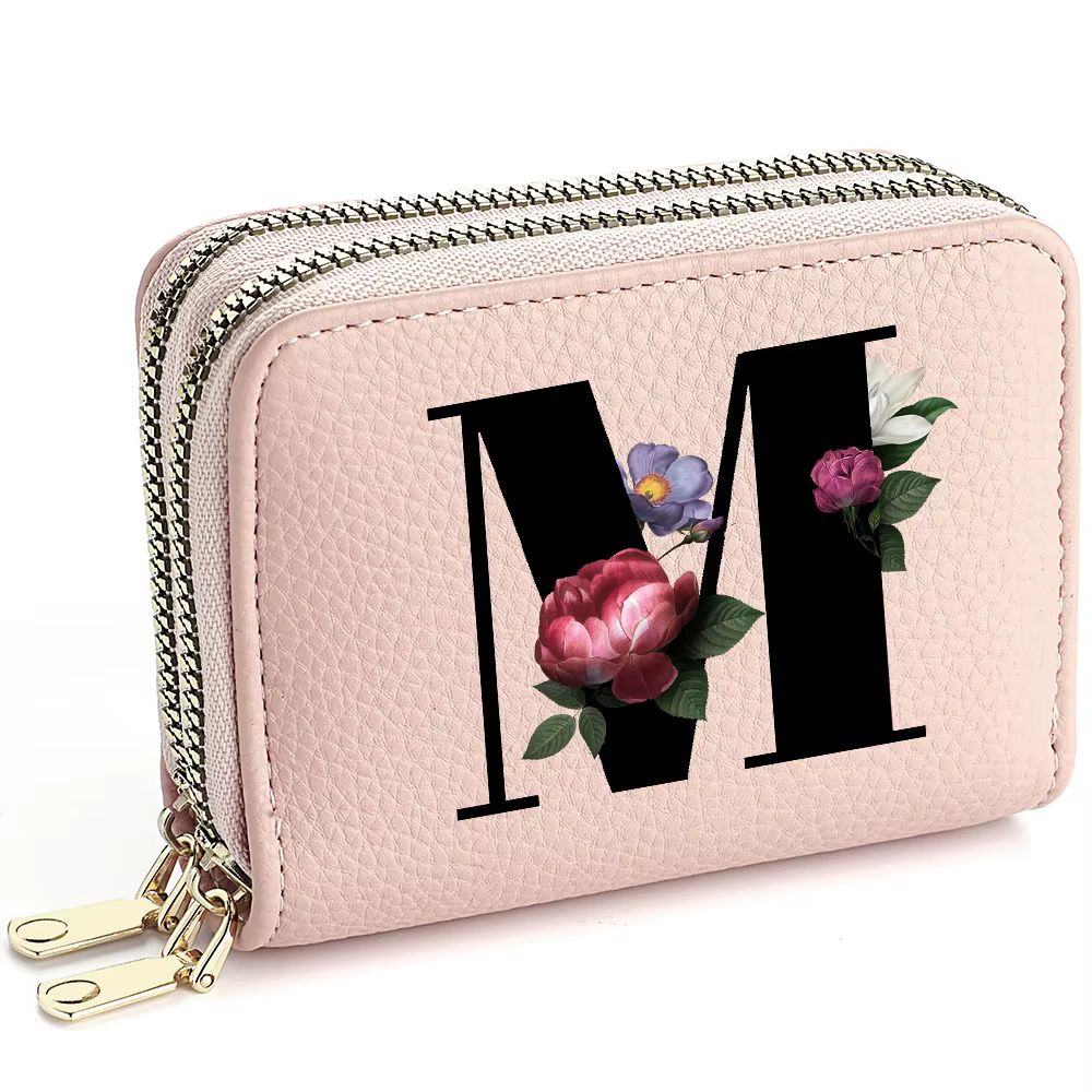 Portefeuille rose à fermeture éclair pour femmes, 26 lettres, Design personnalisé, portefeuille mult