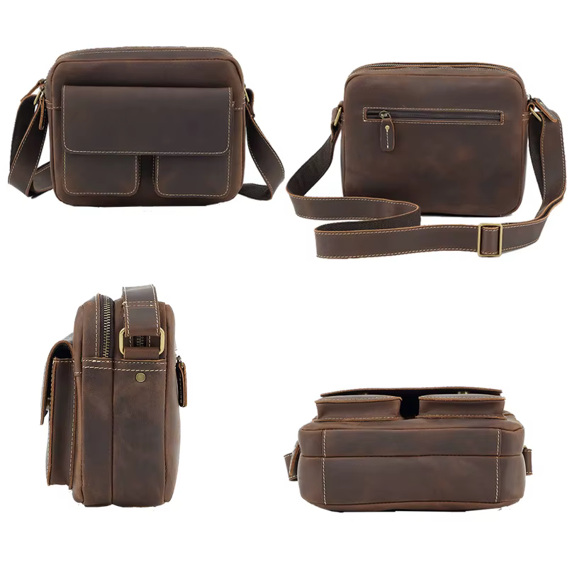 Sac messager vintage en cuir Crazy Horse – Cartable à bandoulière en cuir de vache de grain supérieu
