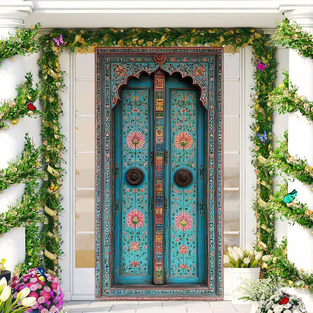 Rideau de porte 2D, 1 pièce. Bleu-vert et or combinés, imprimés dans un style profondément influencé