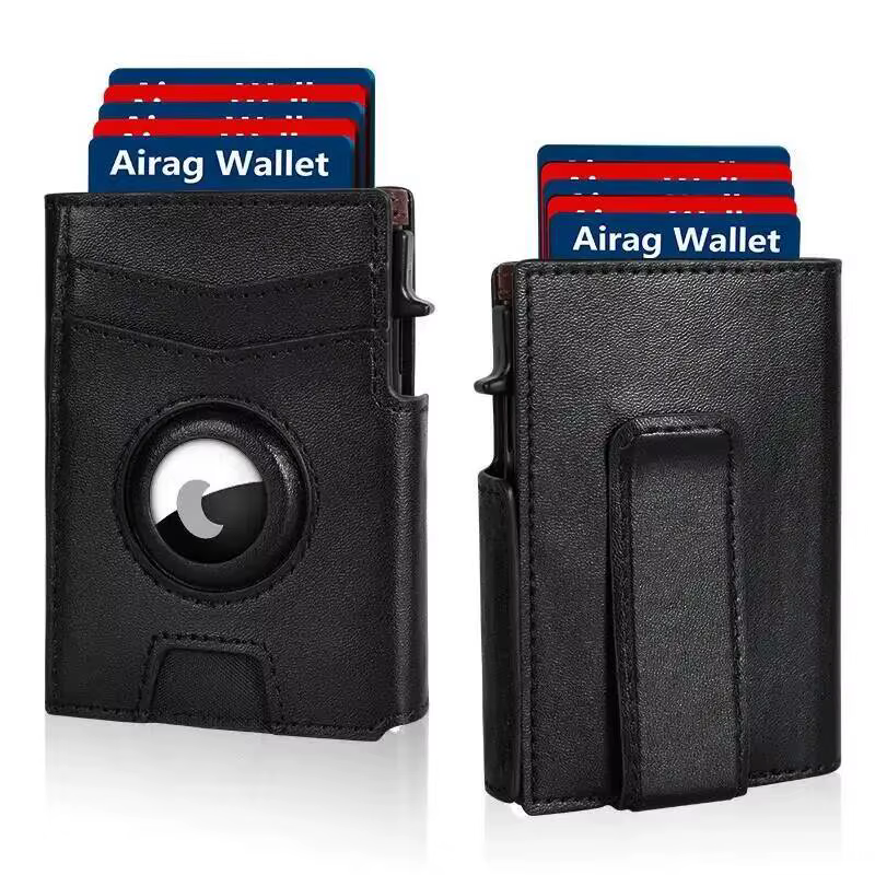 Portefeuille en cuir noir pour homme, fin, à double pliage, avec blocage RFID, porte-cartes en métal