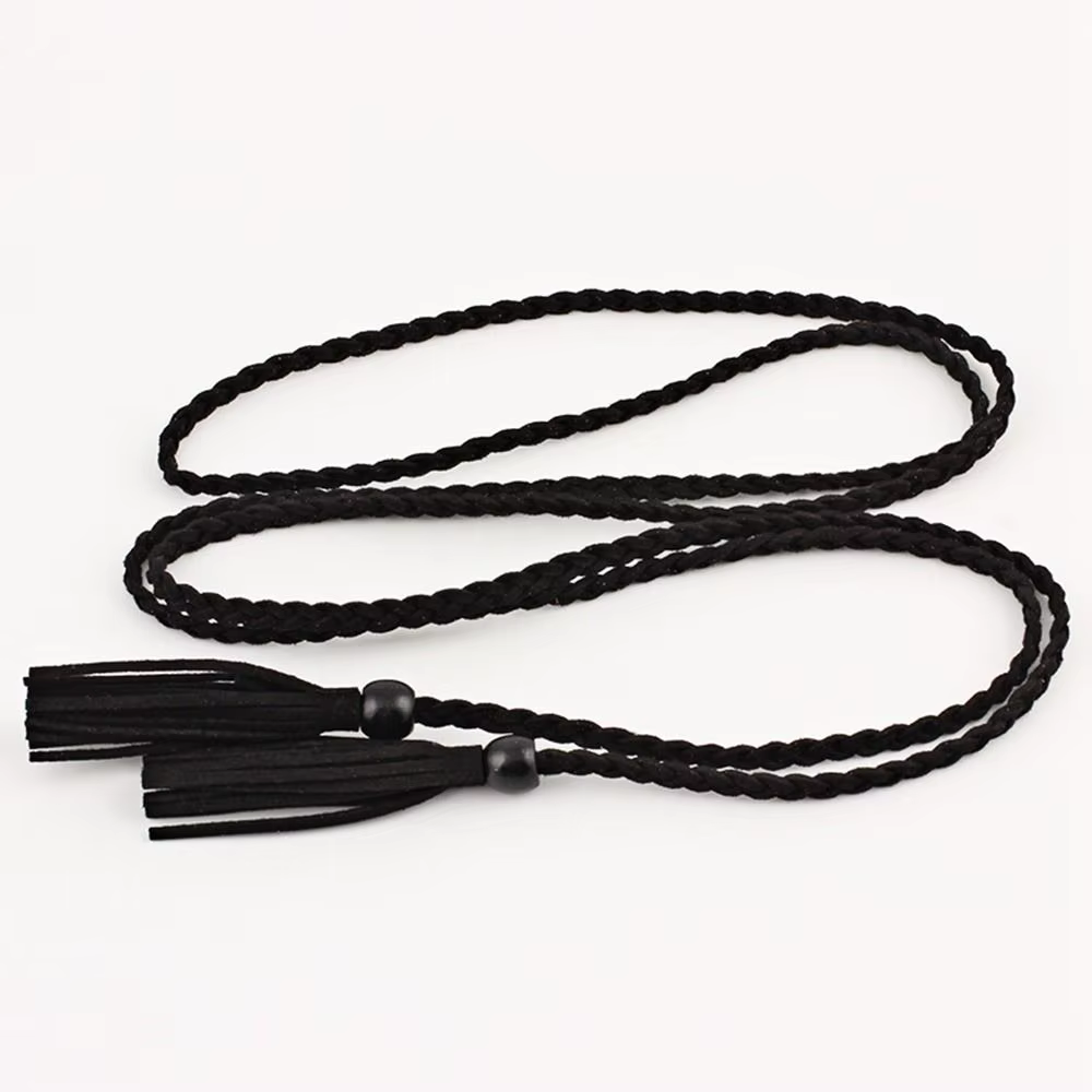 Ceintures fines en perles de bois pour femmes, cordon en cuir tressé, ceinture de taille tressée, st