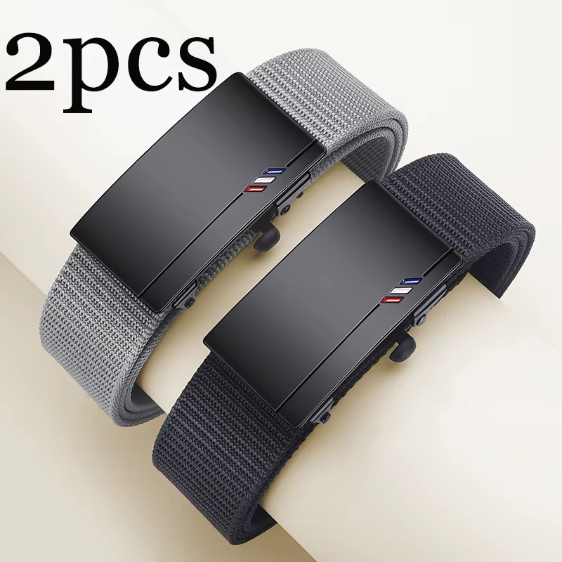 Ceinture en toile tissée pour hommes, 2 pièces, boucle automatique, ceinture décontractée, douce et 