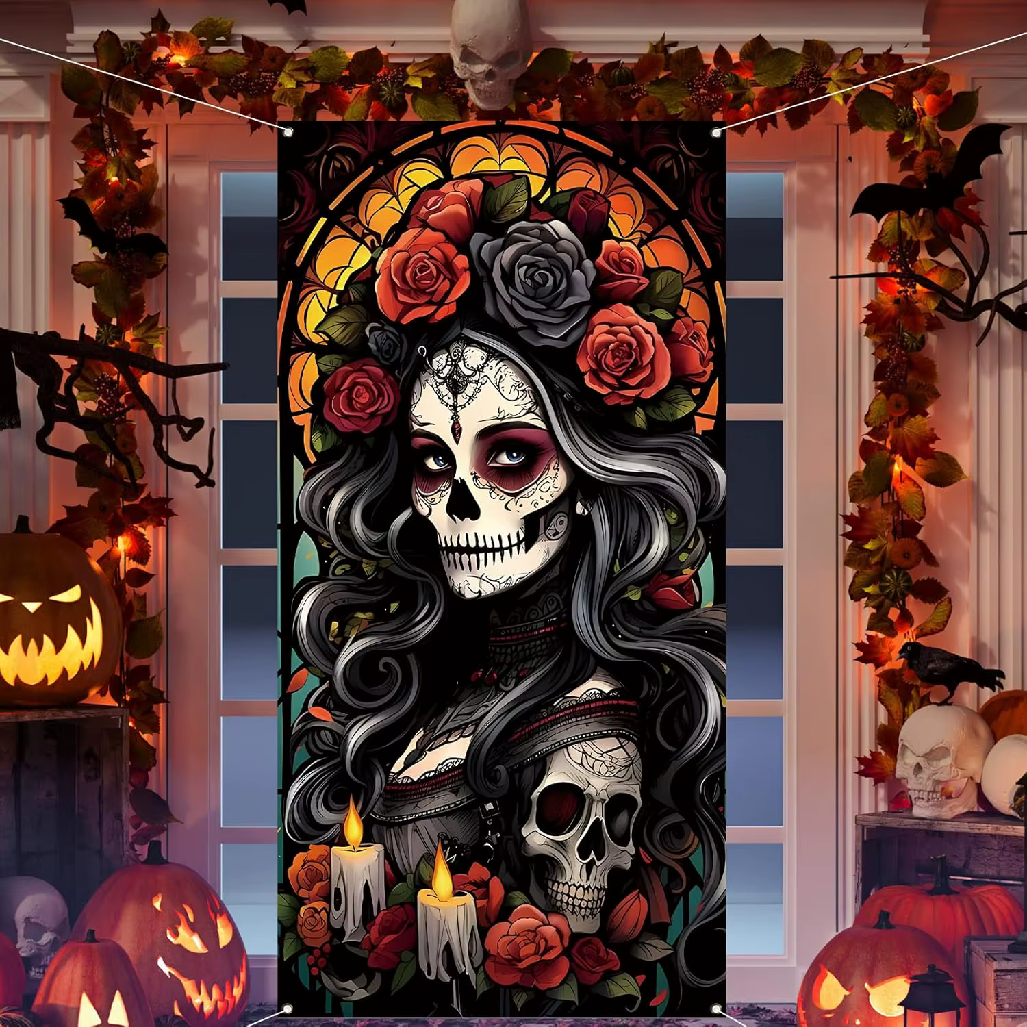 Couverture De porte du jour des morts, bannière Boor Dia De Los Muertos, toile De fond, crâne De suc