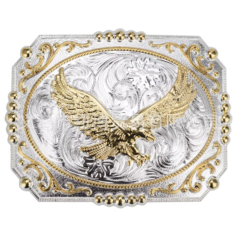Grande boucle de ceinture dorée aigles et chevaux, style denim occidental du ministre